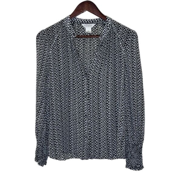 Club Monaco Semi-Sheer Long Sleeve Black White Print Elastic Sleeve Blouse SP - Picture 1 of 6